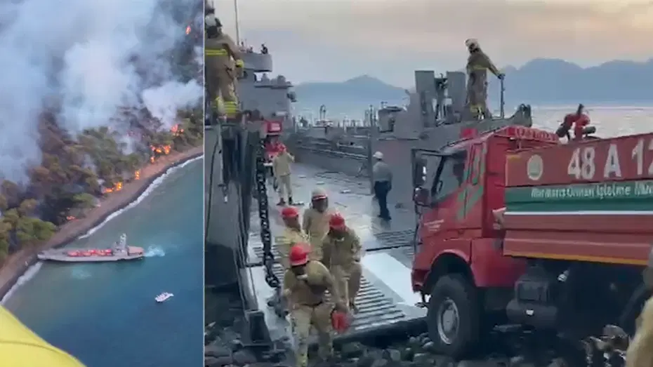 Marmaris’te orman yangını. Arazözleri çıkarma gemileri taşıdı