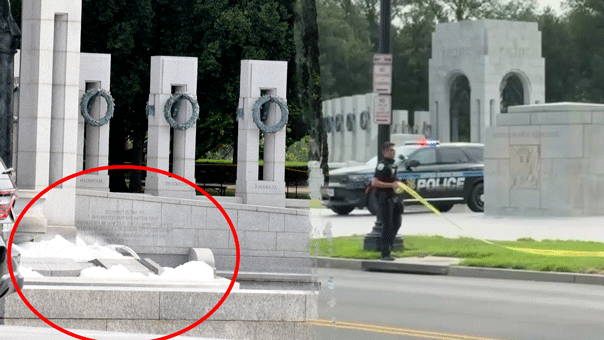World War II Memorial on National Mall vandalized with pink spray paint; fountain overflowing with bubbles