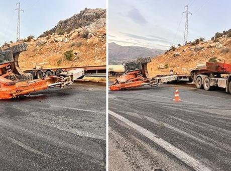 Adıyaman’da tırdaki kepçe düştü! Yol trafiğe kapandı