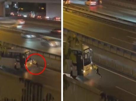 Görüntüler İstanbul’dan! Kadın polis arızalanan midibüsü böyle itti