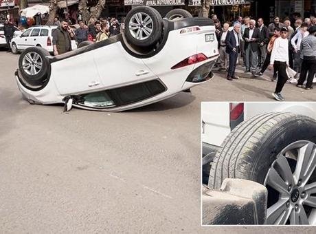Diyarbakır’da lastiği patlayan otomobil takla attı!